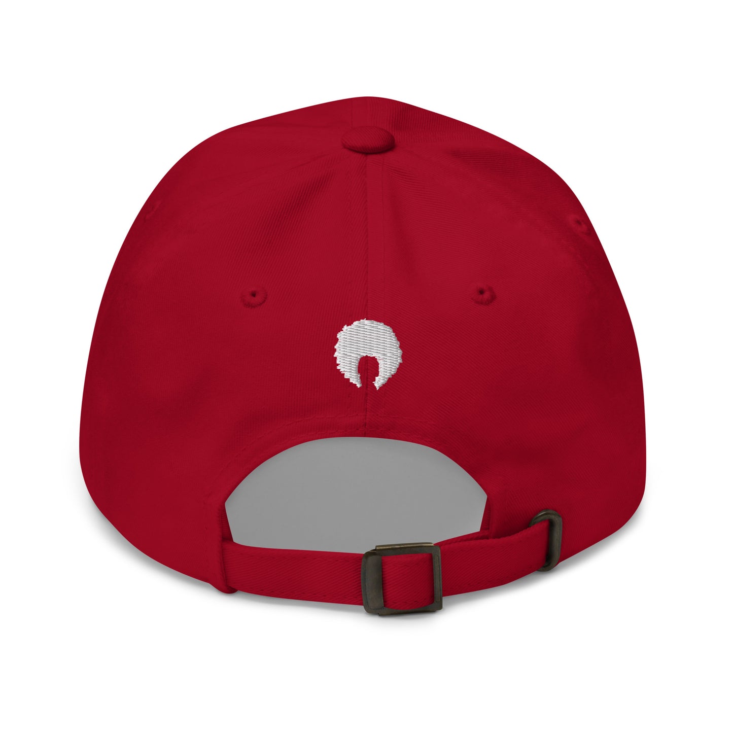 Red dad hat with small white embroidered afro on back.