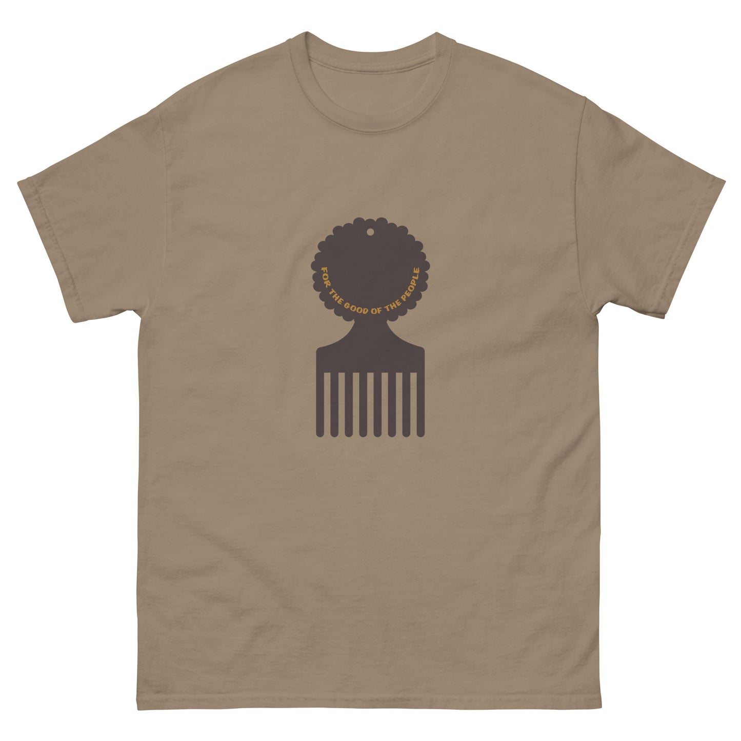 Men's brown savana tee with brown afro pick in the center of shirt, with for the good of the people in gold inside the afro pick's handle.