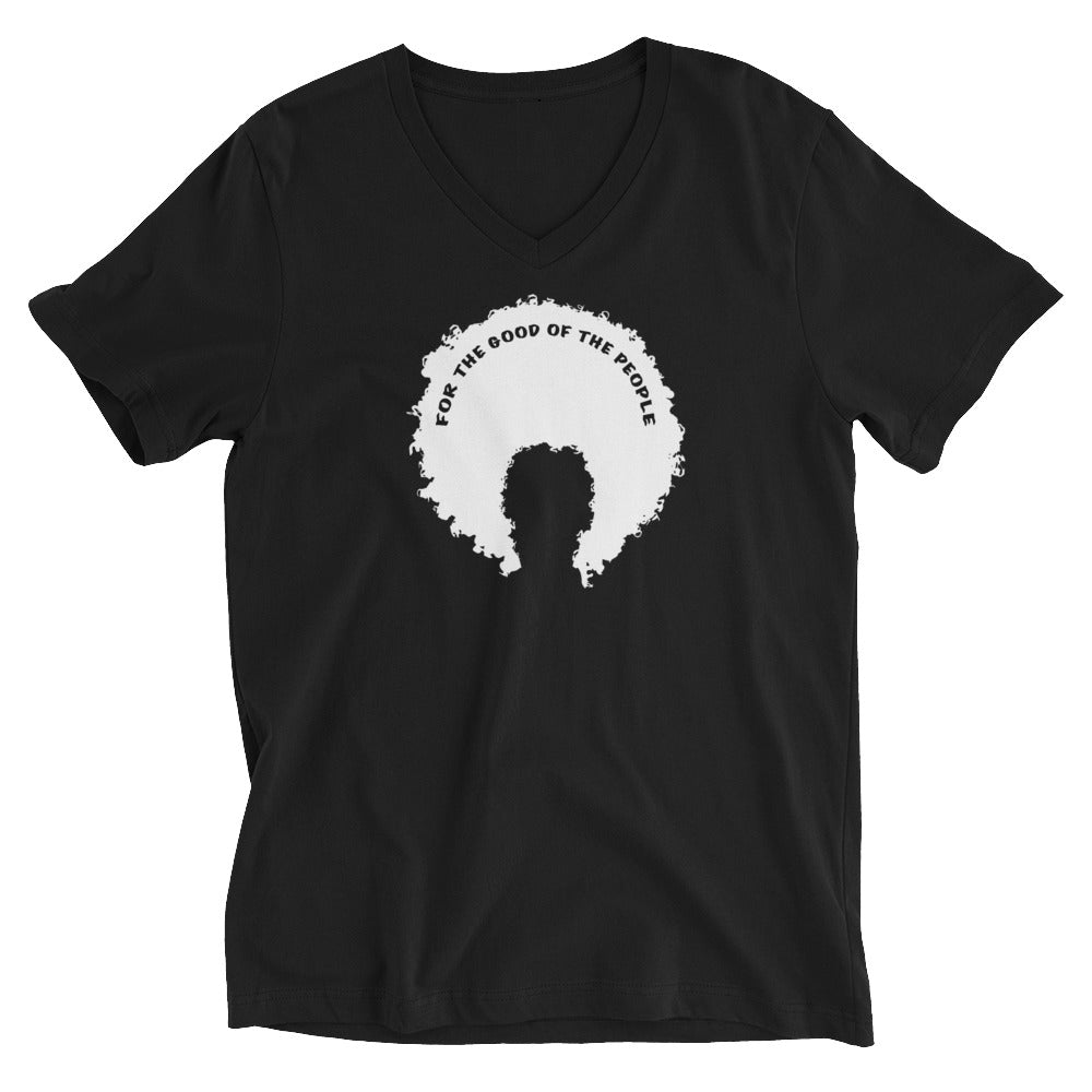 Black women's v-neck tee with white afro graphic with for the good of the people in black on the inside top of the afro.