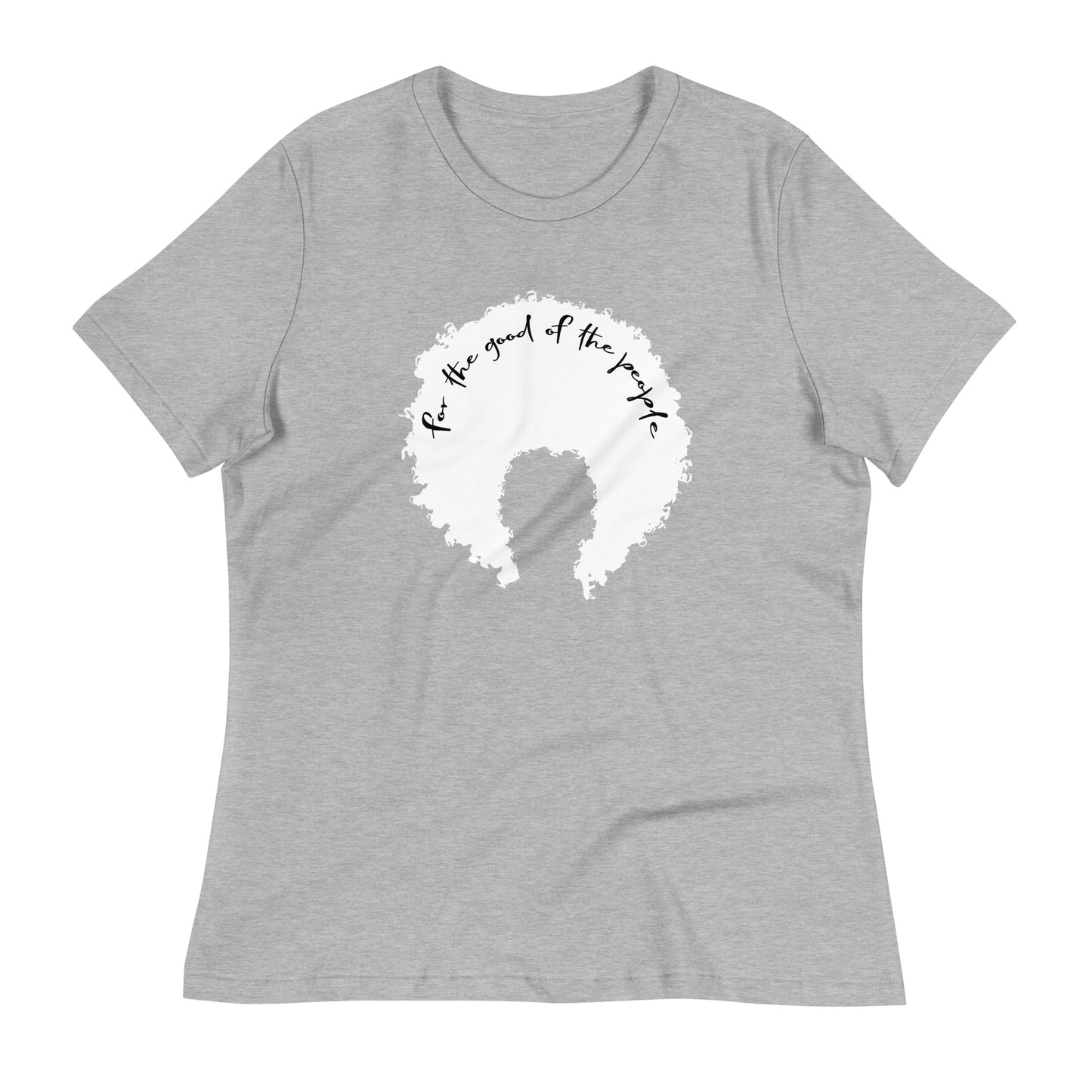 heather gray women's tee with white afro graphic with for the good of the people in black on the inside top of the afro.