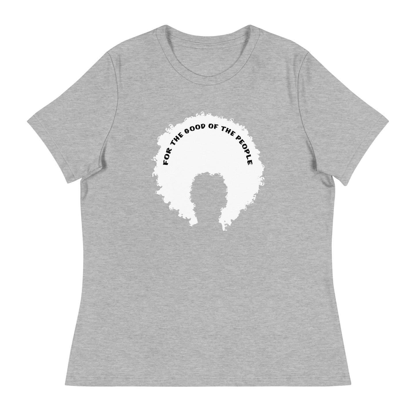 Heather gray women's tee with white afro graphic with for the good of the people in black on the inside top of the afro.