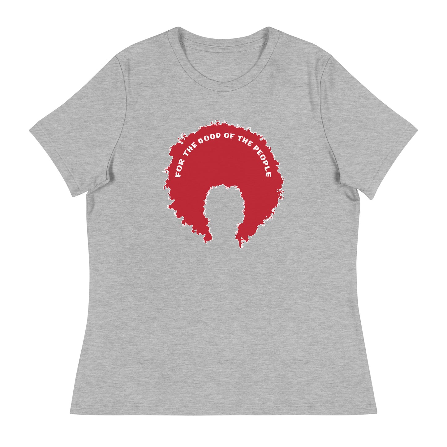 Heather gray women's tee with red afro graphic trimmed in white with for the good of the people in white on the inside top of the afro.