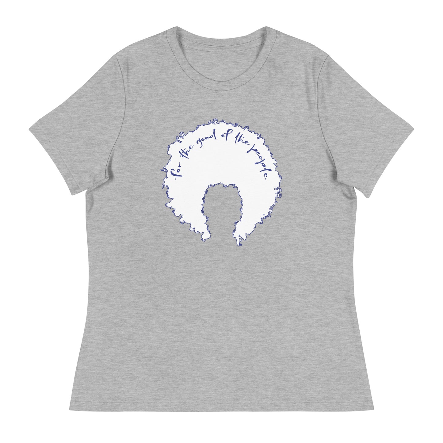 Heather gray women's tee with white afro graphic trimmed in blue with for the good of the people in blue on the inside top of the afro.