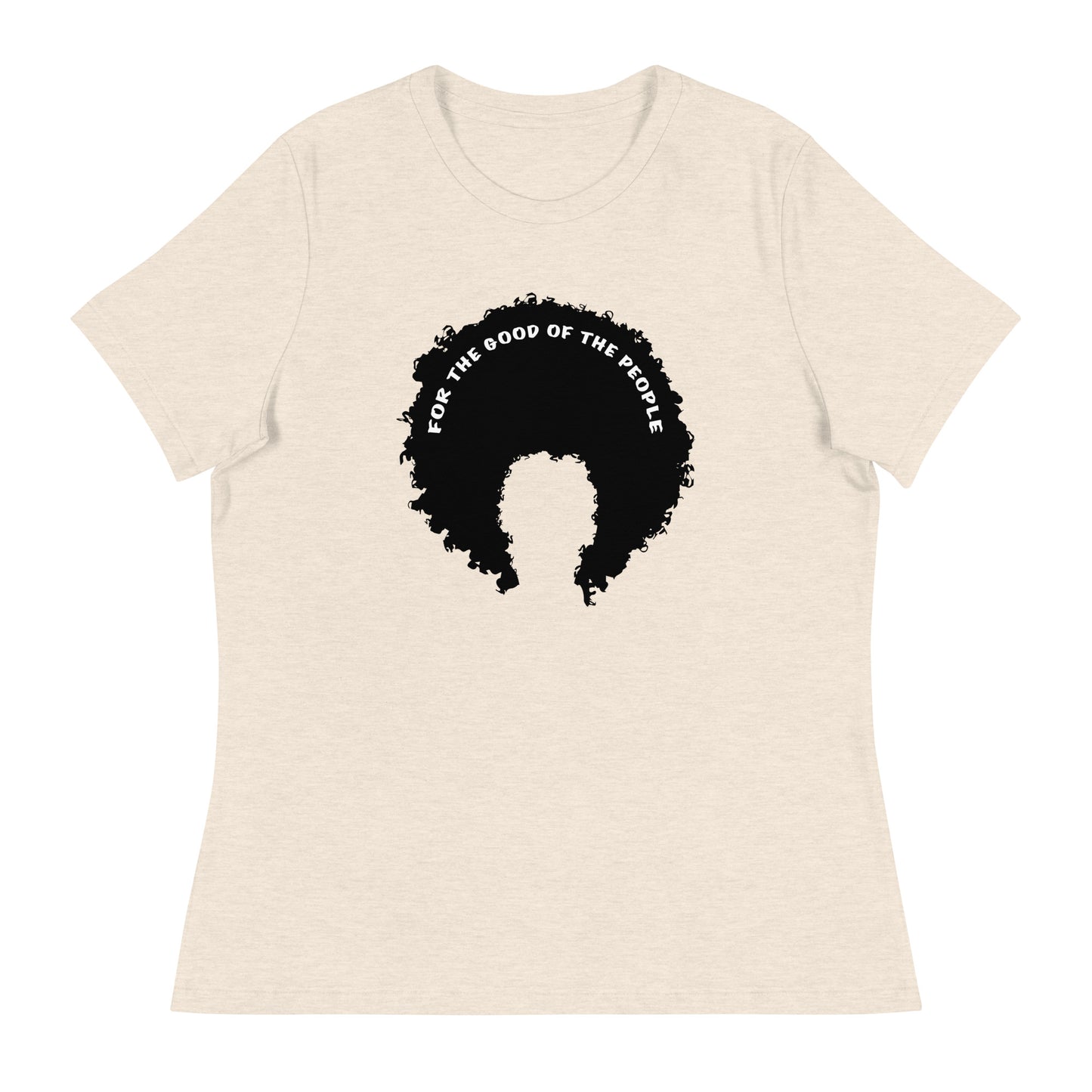 Heather prism natural women's tee with black afro graphic with for the good of the people in white on the inside top of the afro.