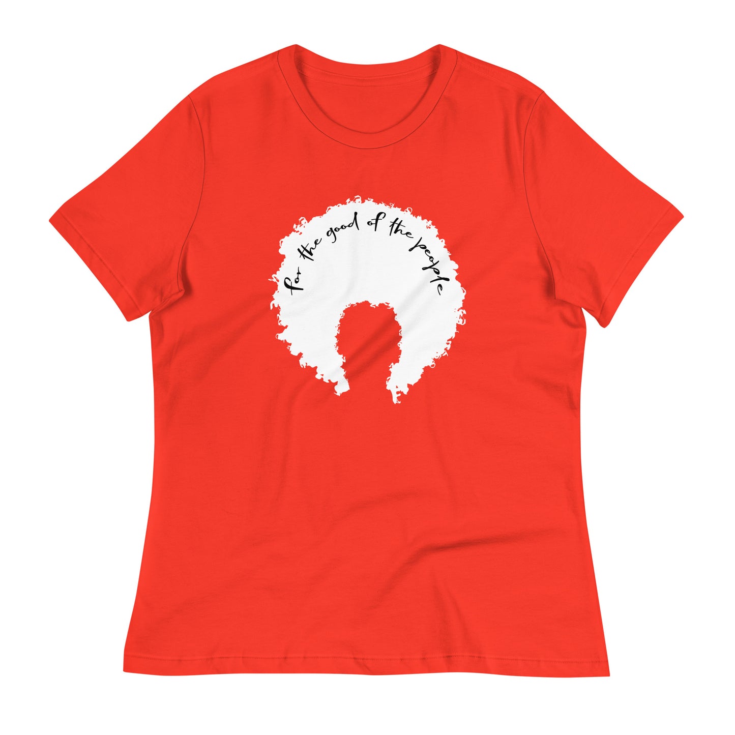 Poppy orange women's tee with white afro graphic with for the good of the people in black on the inside top of the afro.