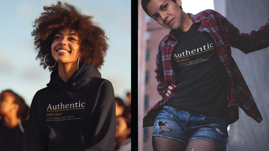 african american women with curly hair and large hoop earrings wearing a black hoodie with the word authentic written in white and the definition of the word below it