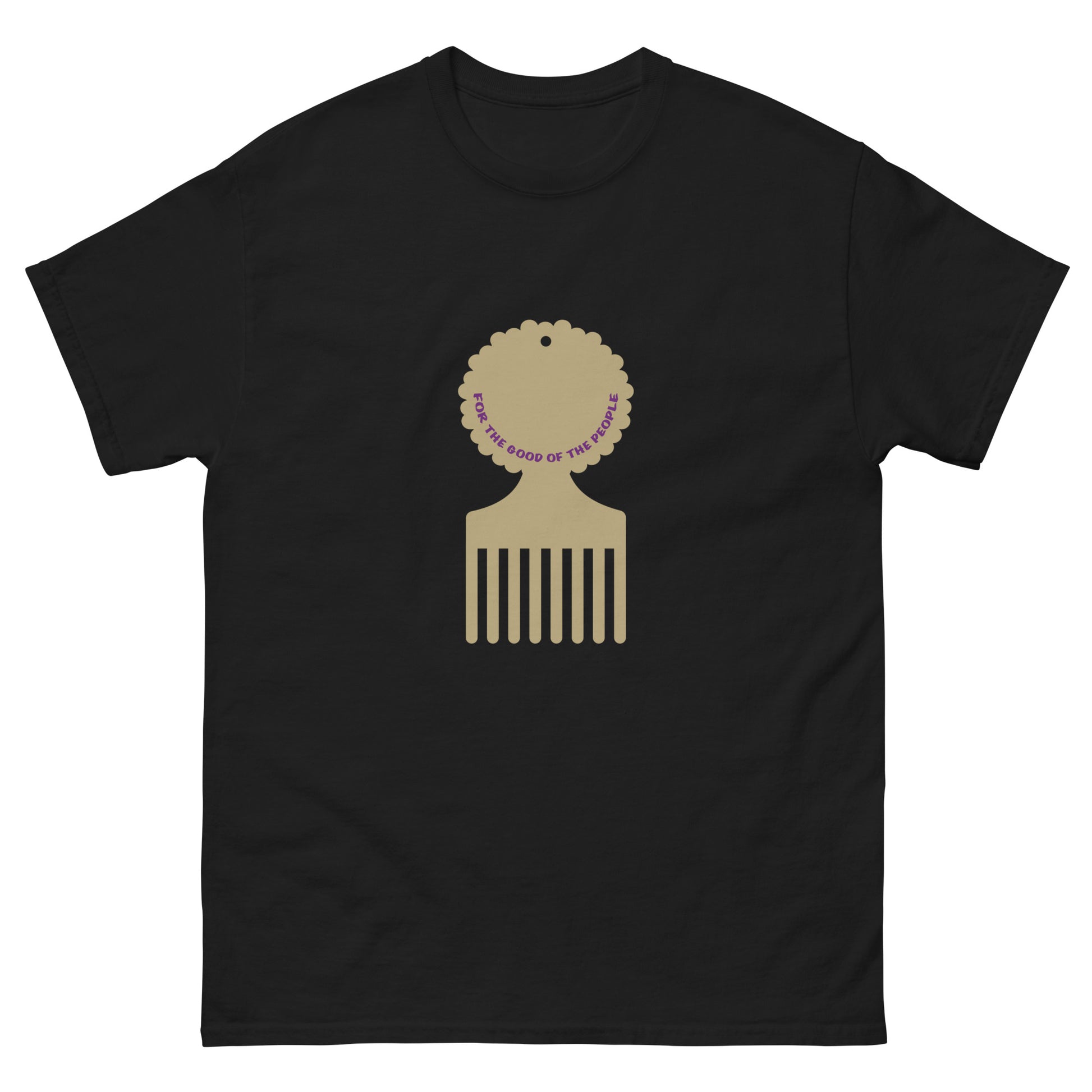 Men's black tee with gold afro pick in the center of shirt, with for the good of the people in purple inside the afro pick's handle.