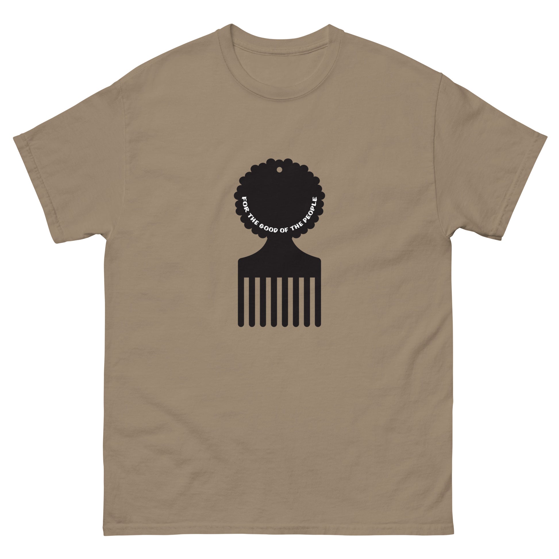 Men's brown savana tee with black afro pick in the center of shirt, with for the good of the people in white inside the afro pick's handle.