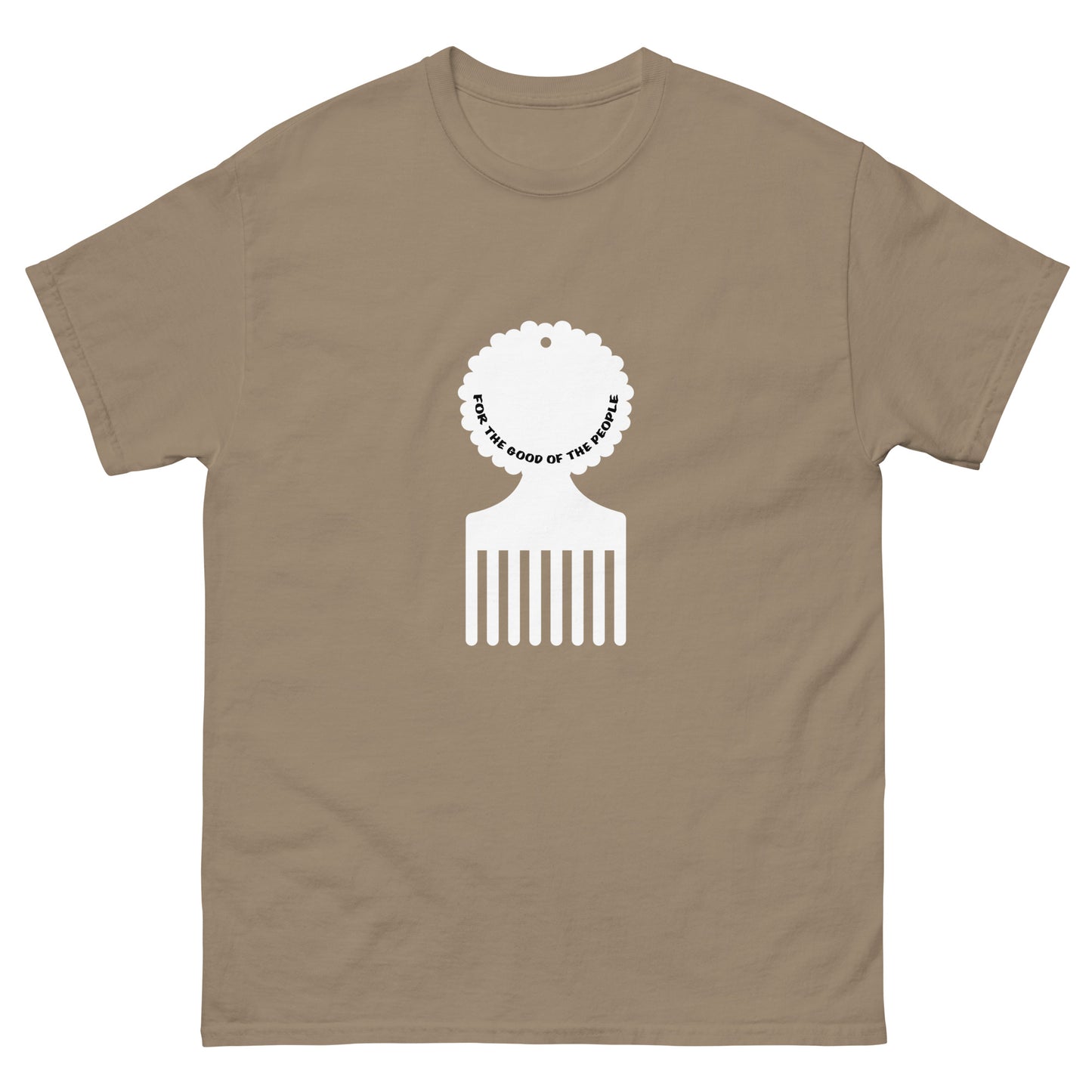 Men's brown savana tee with white afro pick in the center of shirt, with for the good of the people in white inside the afro pick's handle.