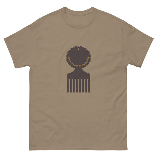 Men's brown savana tee with brown afro pick in the center of shirt, with for the good of the people in gold inside the afro pick's handle.
