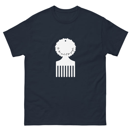 Men's navy tee with white afro pick in the center of shirt, with for the good of the people in white inside the afro pick's handle.