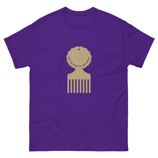 Men's purple tee with gold afro pick in the center of shirt, with for the good of the people in purple inside the afro pick's handle.