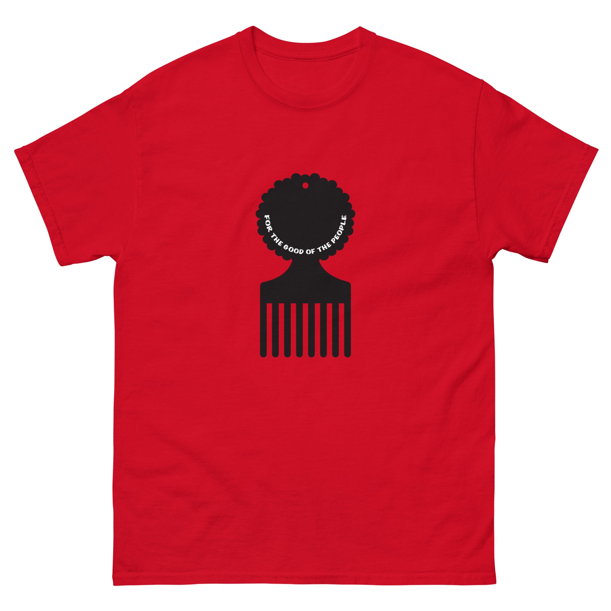 Men's red tee with black afro pick in the center of shirt, with for the good of the people in white inside the afro pick's handle.