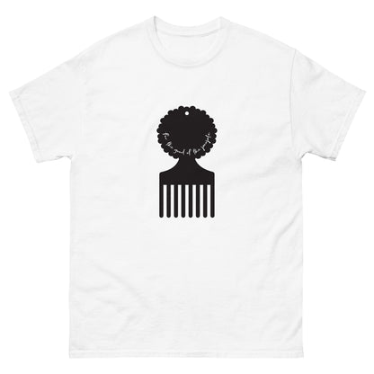 Men's white tee with black afro pick in the center of shirt, with for the good of the people in white inside the afro pick's handle.