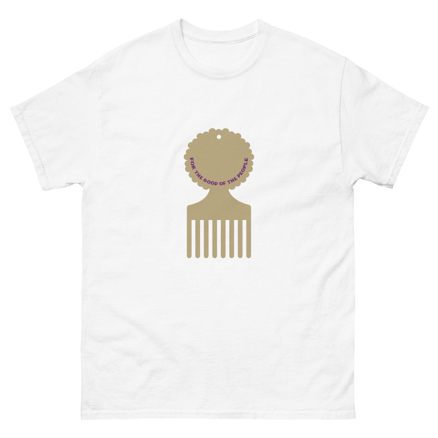 Men's white tee with gold afro pick in the center of shirt, with for the good of the people in purple inside the afro pick's handle.