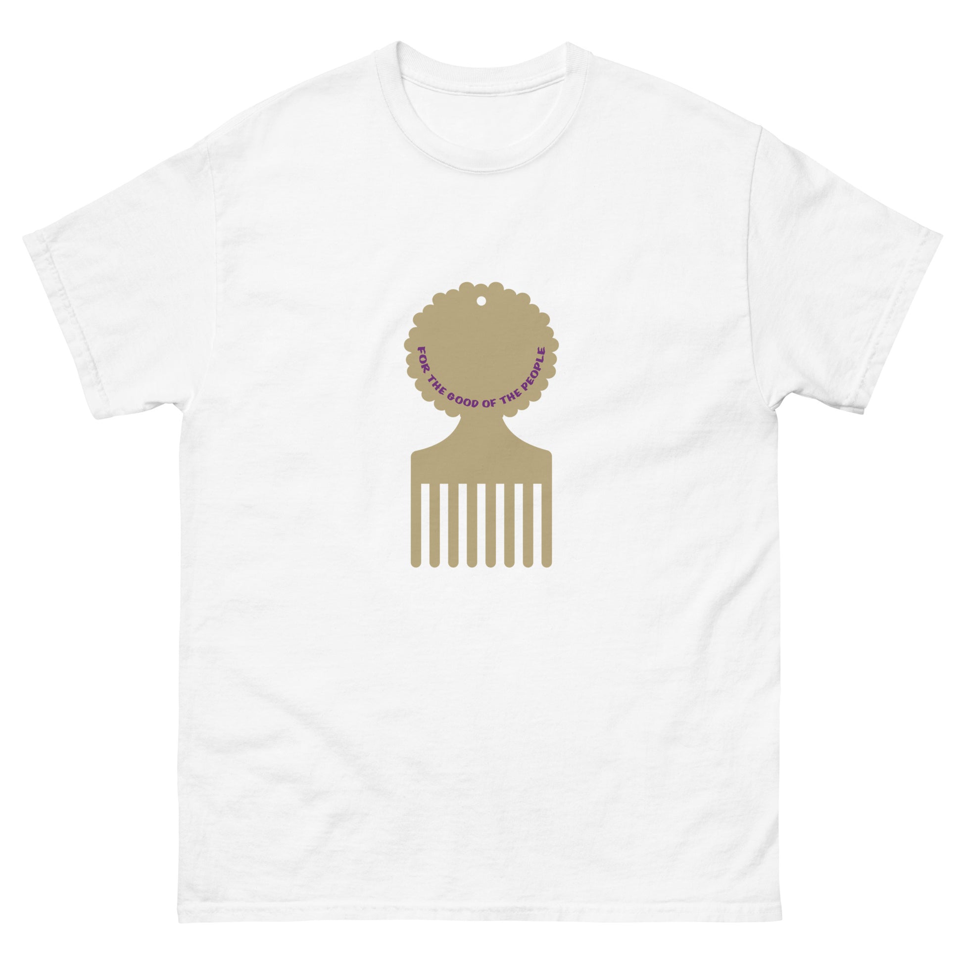 Men's white tee with gold afro pick in the center of shirt, with for the good of the people in purple inside the afro pick's handle.