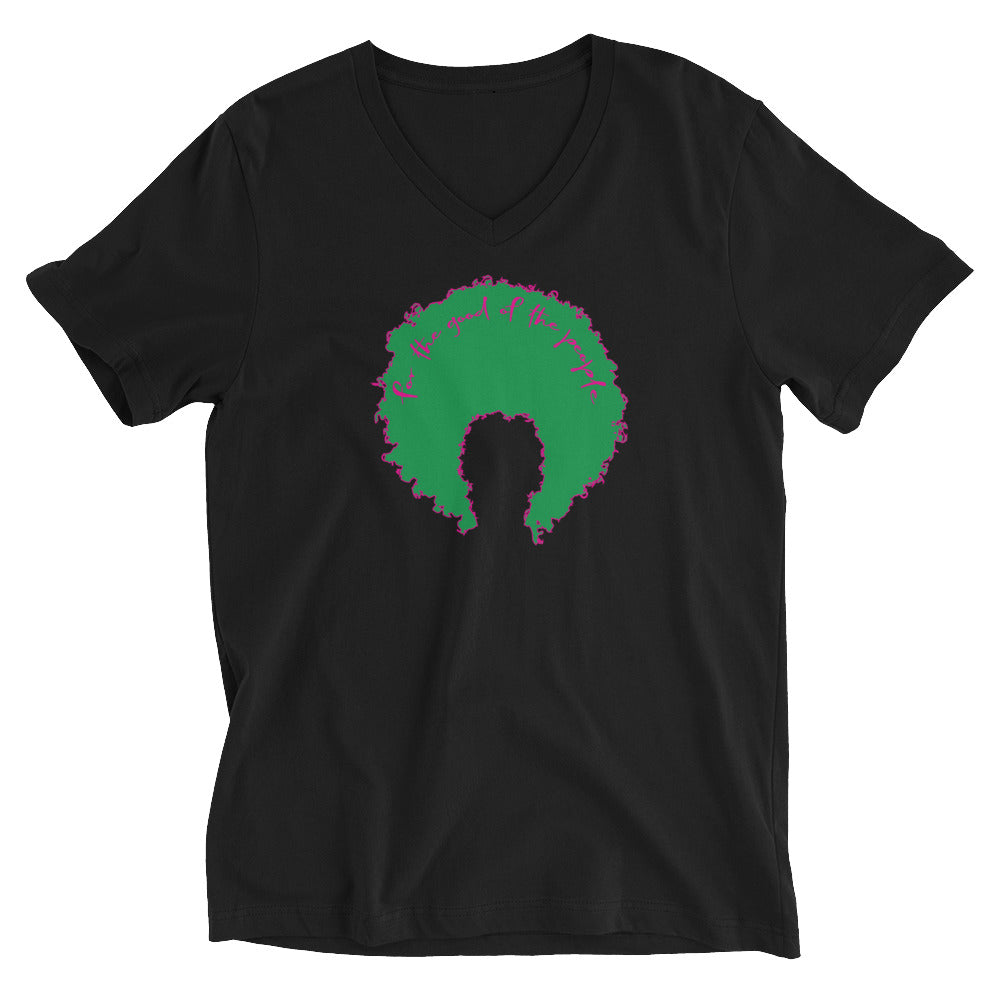 Black women's v-neck tee with green afro graphic trimmed in pink with for the good of the people in pink on the inside top of the afro.