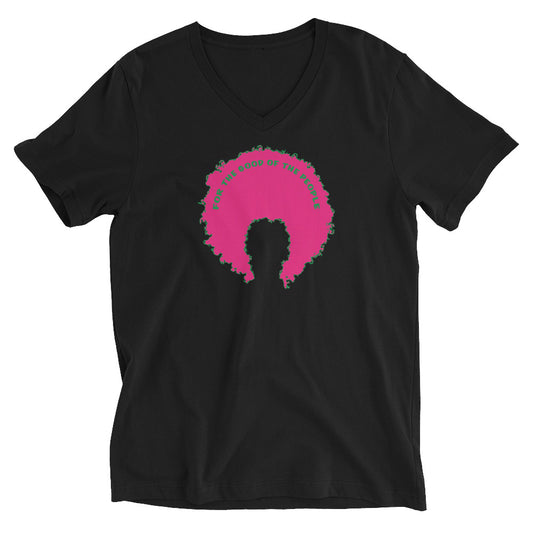 Black women's v-neck tee with pink afro graphic trimmed in green with for the good of the people in green on the inside top of the afro.