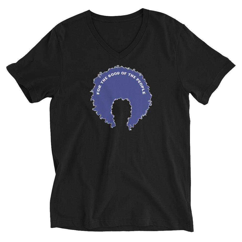 Black women's v-neck tee with blue afro graphic trimmed in white with for the good of the people in white on the inside top of the afro.