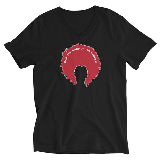 Black women's v-neck tee with red afro graphic trimmed in white with for the good of the people in white on the inside top of the afro.
