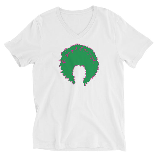 White women's v-neck tee with green afro graphic trimmed in pink with for the good of the people in pink on the inside top of the afro.