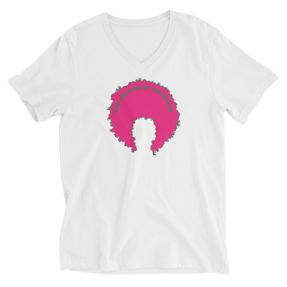 White women's v-neck tee with pink afro graphic trimmed in green with for the good of the people in green on the inside top of the afro.