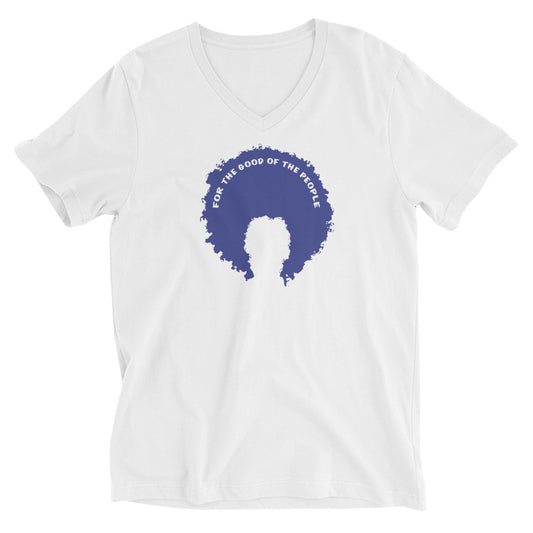 White women's v-neck tee with blue afro graphic with for the good of the people in white on the inside top of the afro.