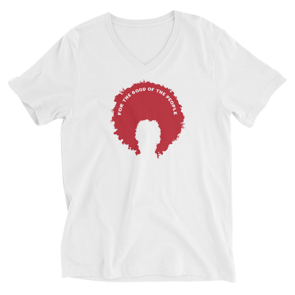 White women's v-neck tee with red afro graphic with for the good of the people in white on the inside top of the afro.