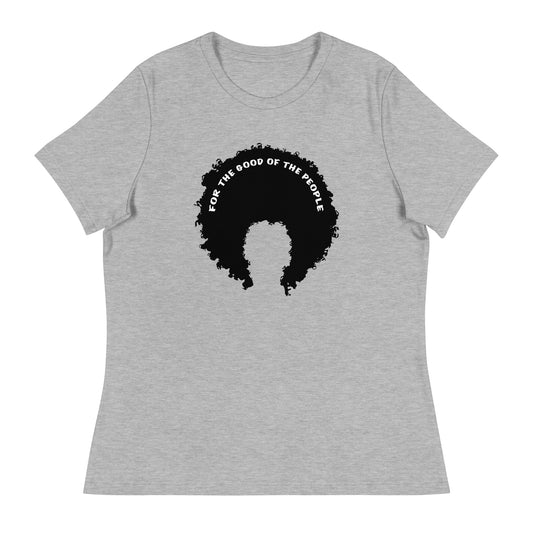 Heather gray women's tee with black afro graphic with for the good of the people in white on the inside top of the afro.