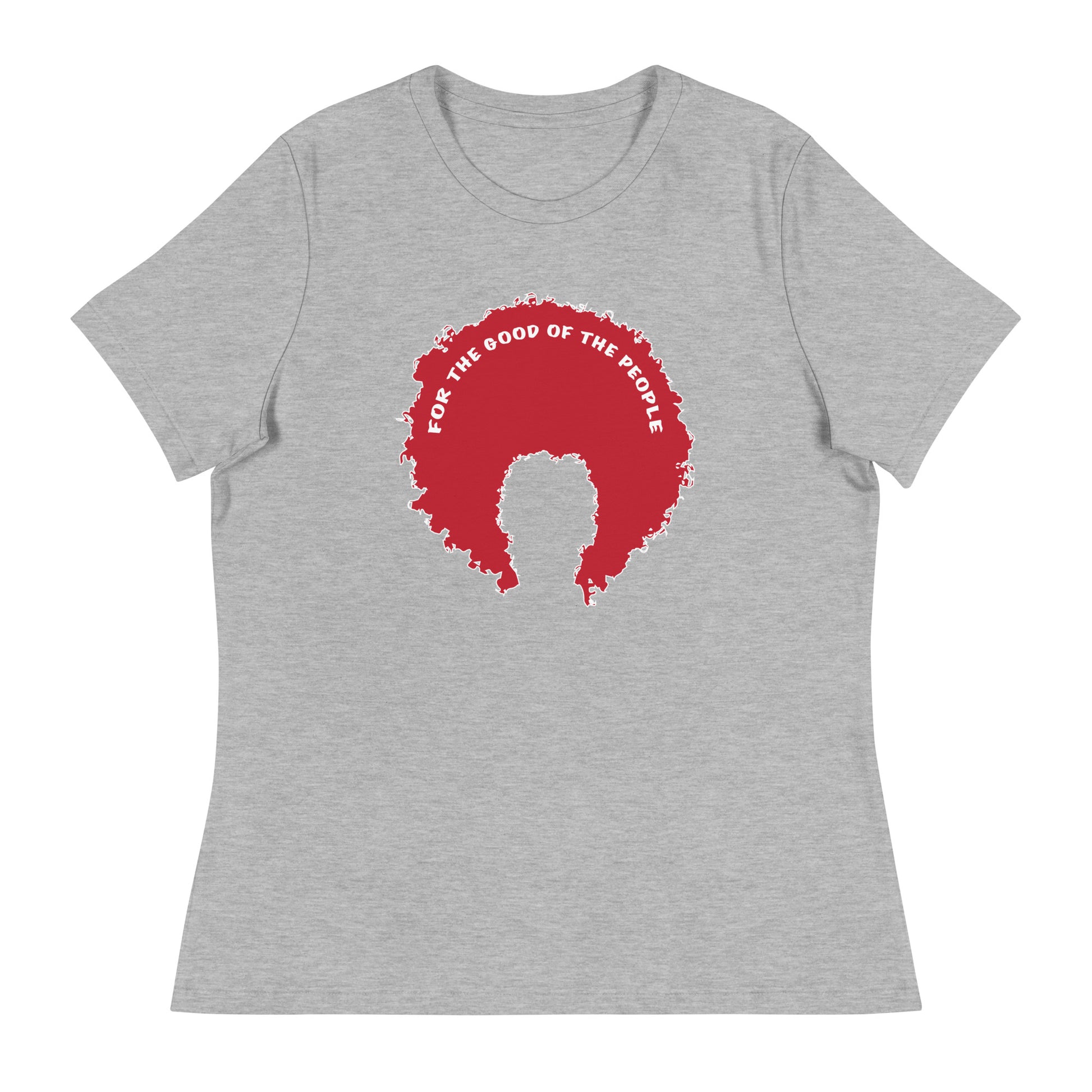 Heather gray women's tee with red afro graphic trimmed in white with for the good of the people in white on the inside top of the afro.