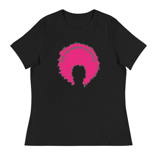 Black women's tee with pink afro graphic trimmed in green with for the good of the people in green on the inside top of the afro.