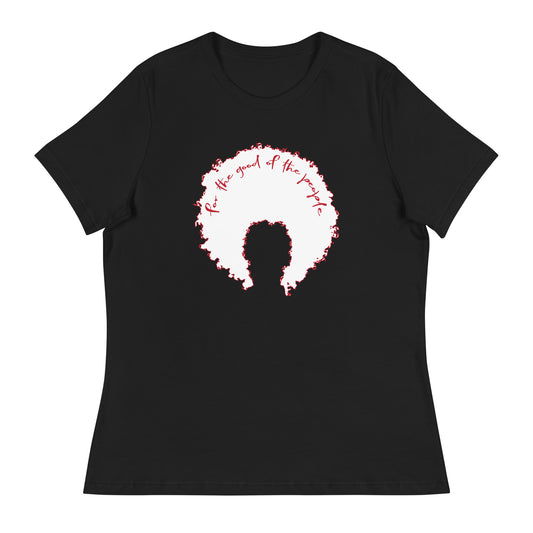 Black women's tee with white afro graphic trimmed in red with for the good of the people in red on the inside top of the afro.