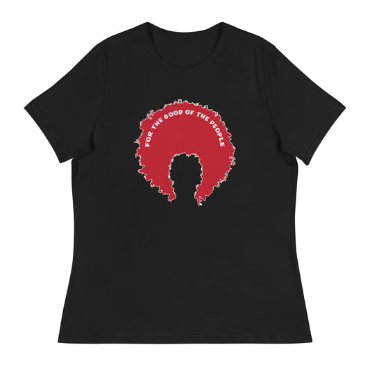 Black women's tee with red afro graphic trimmed in white with for the good of the people in white on the inside top of the afro.