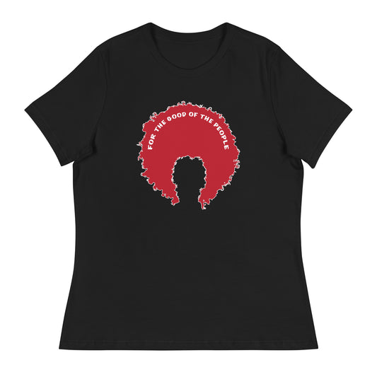 Black women's tee with red afro graphic trimmed in white with for the good of the people in white on the inside top of the afro.