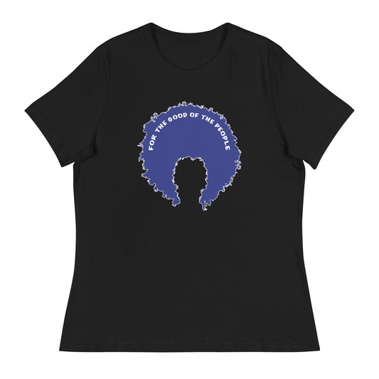 Black women's tee with blue afro graphic trimmed in white with for the good of the people in white on the inside top of the afro.