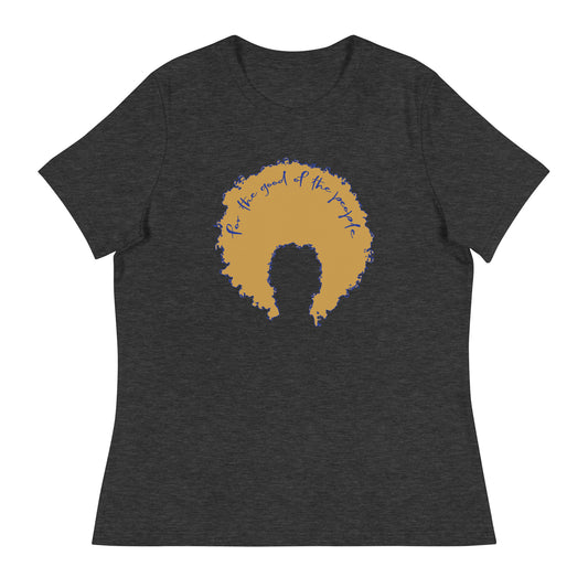 Dark heather gray women's tee with gold afro graphic trimmed in blue with for the good of the people in pink on the inside top of the afro.