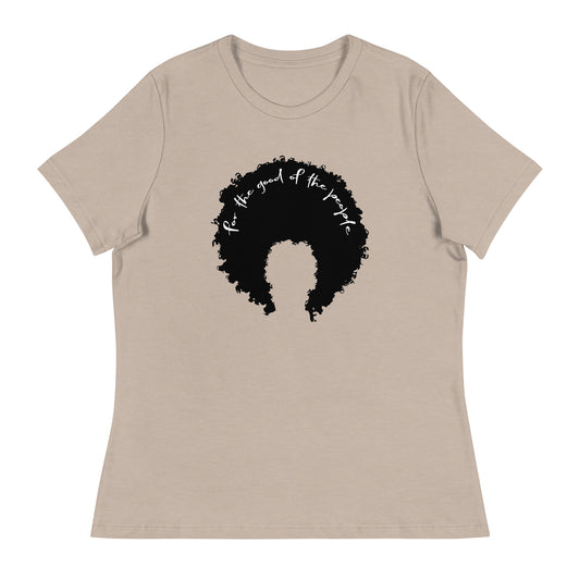 Stone women's tee with black afro graphic with for the good of the people in white on the inside top of the afro.