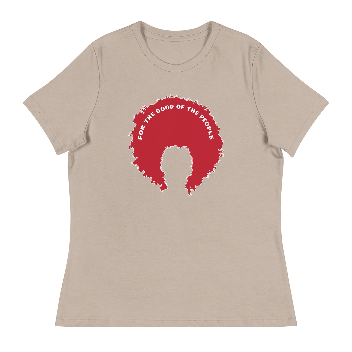 Stone women's tee with red afro graphic trimmed in white with for the good of the people in white on the inside top of the afro.