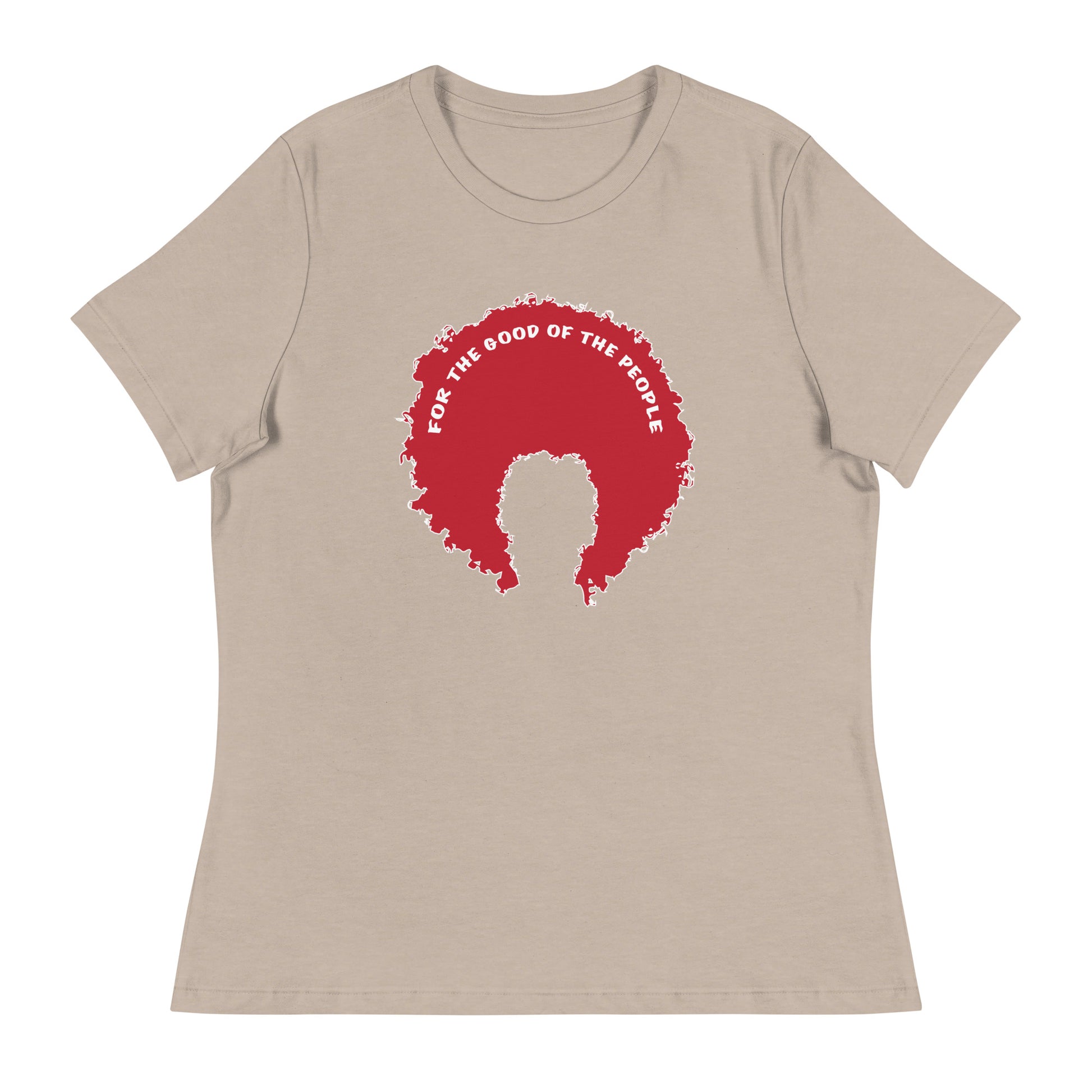 Stone women's tee with red afro graphic trimmed in white with for the good of the people in white on the inside top of the afro.