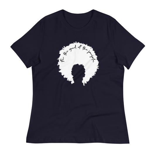 Navy women's tee with white afro graphic with for the good of the people in black on the inside top of the afro.