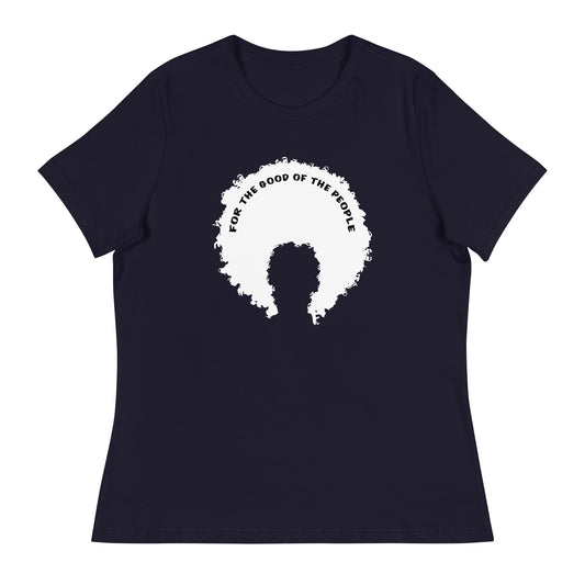 Navy women's tee with white afro graphic with for the good of the people in black on the inside top of the afro.