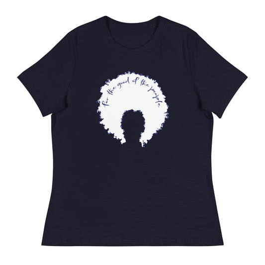 Navy women's tee with white afro graphic trimmed in blue with for the good of the people in blue on the inside top of the afro.
