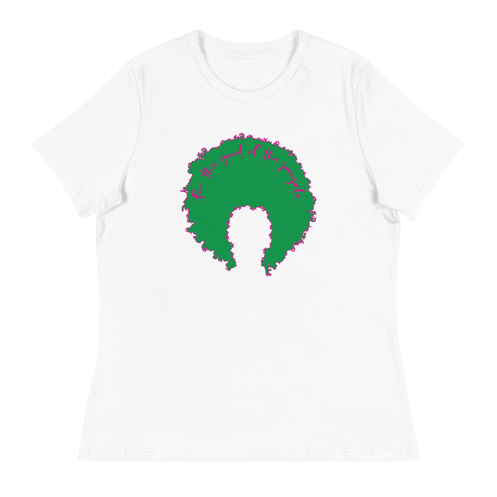 White women's tee with green afro graphic trimmed in pink with for the good of the people in pink on the inside top of the afro.