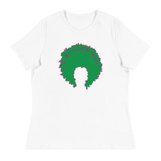 White women's tee with green afro graphic trimmed in pink with for the good of the people in pink on the inside top of the afro.