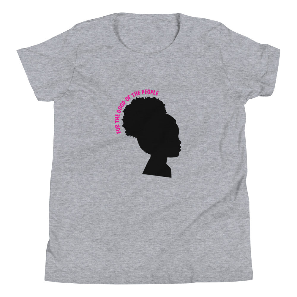 Kid's heather gray tee with silhouette of little girl with afro puff with for the good of the people in pink around the head.