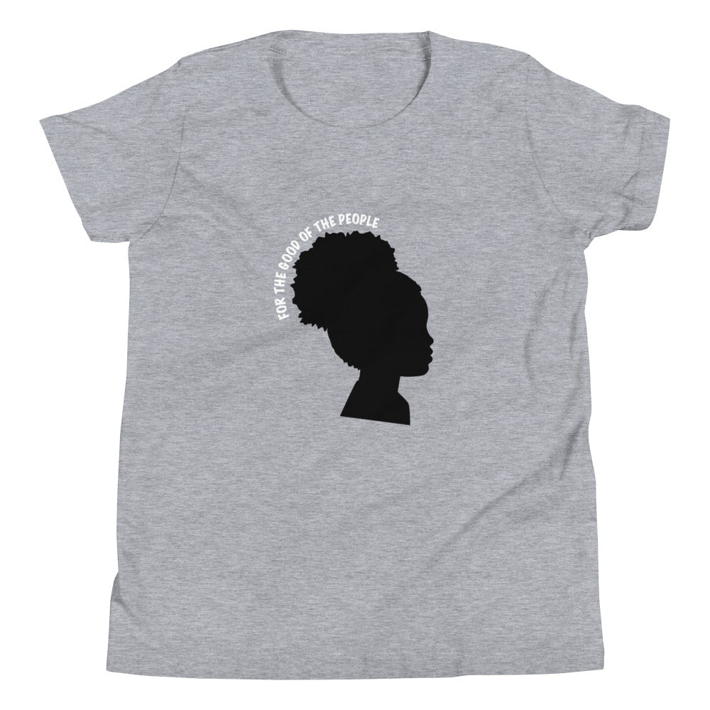 Kid's heather gray tee with silhouette of little girl with afro puff with for the good of the people in white around the head.