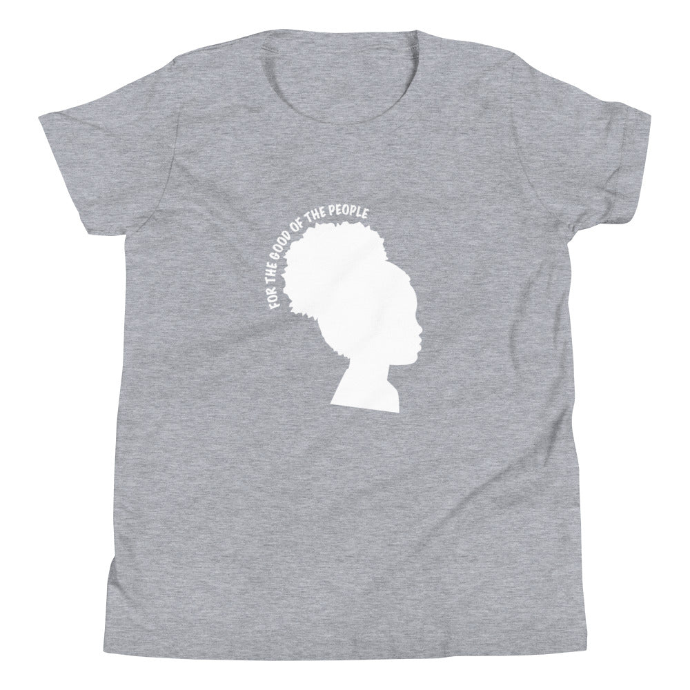 Kid's heather gray tee with silhouette of little girl with afro puff with for the good of the people in white around the head.