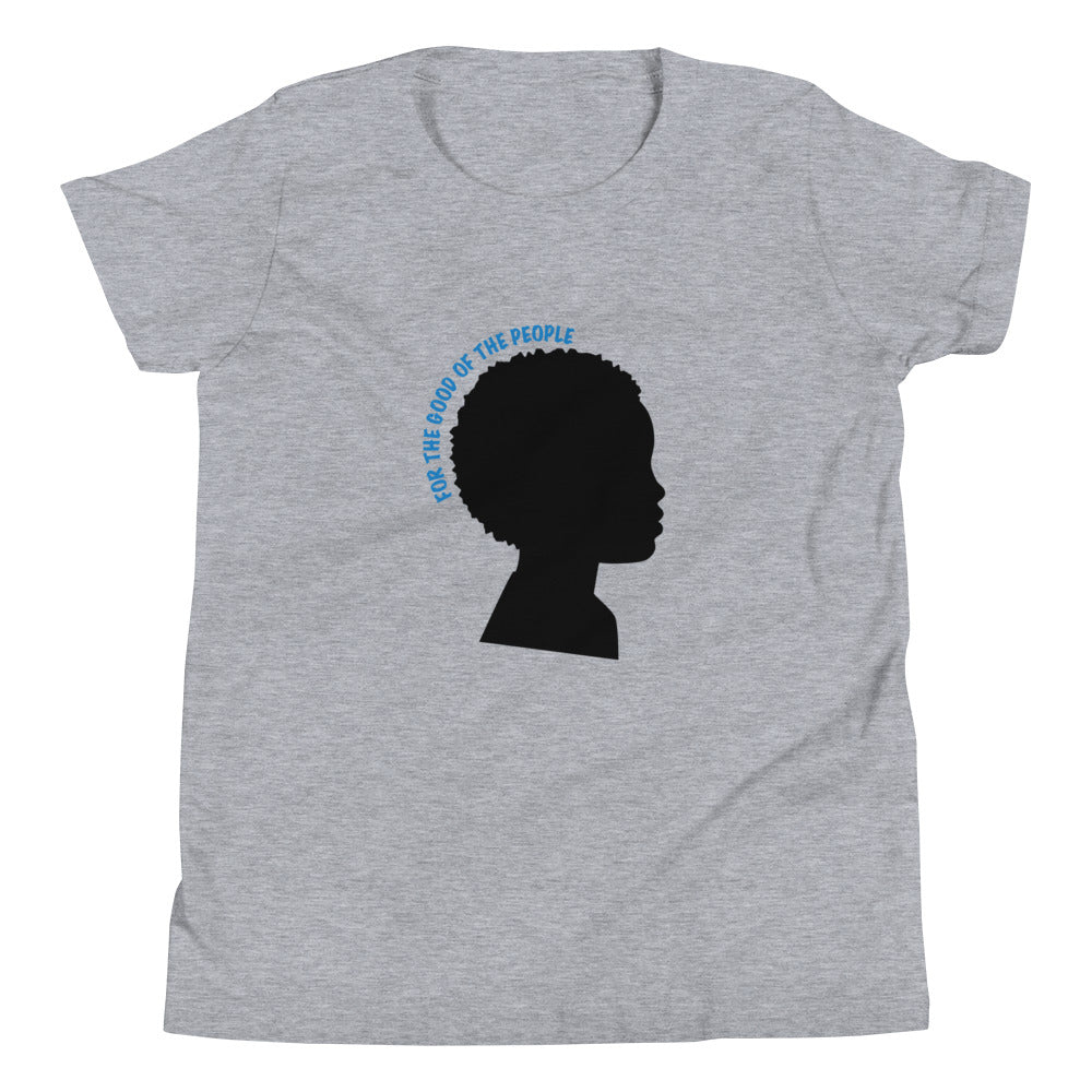 Kid's heather gray tee with silhouette of little boy with afro with for the good of the people in blue around the head.