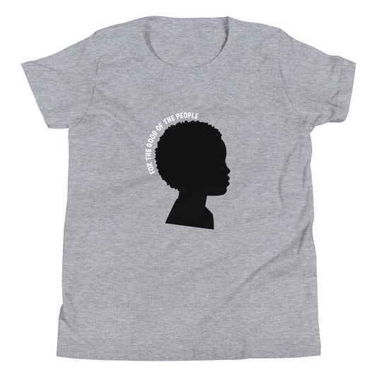 Kid's heather gray tee with black silhouette of little boy with afro with for the good of the people in white around the head.