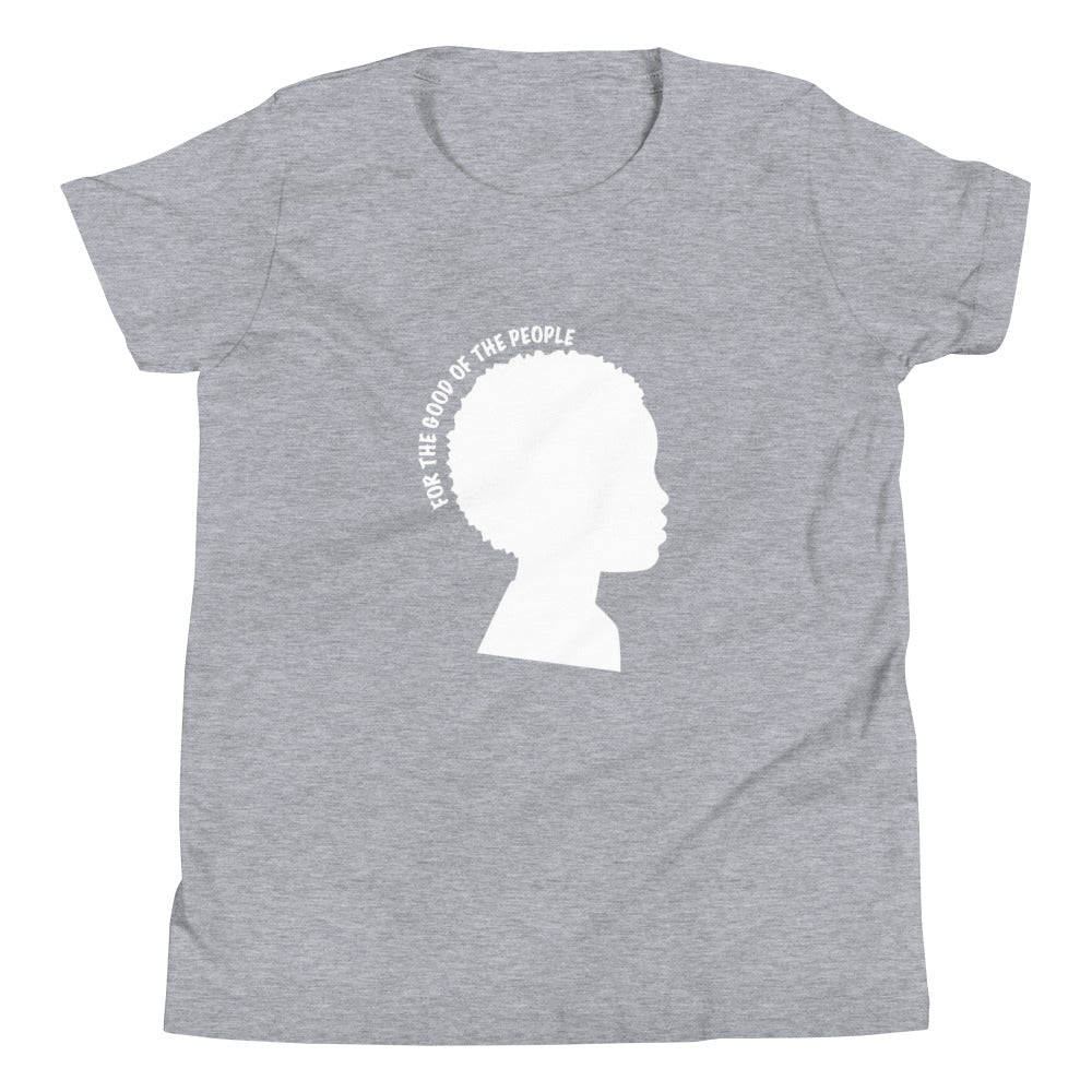 Kid's heather gray tee with white silhouette of little boy with afro with for the good of the people in white around the head.